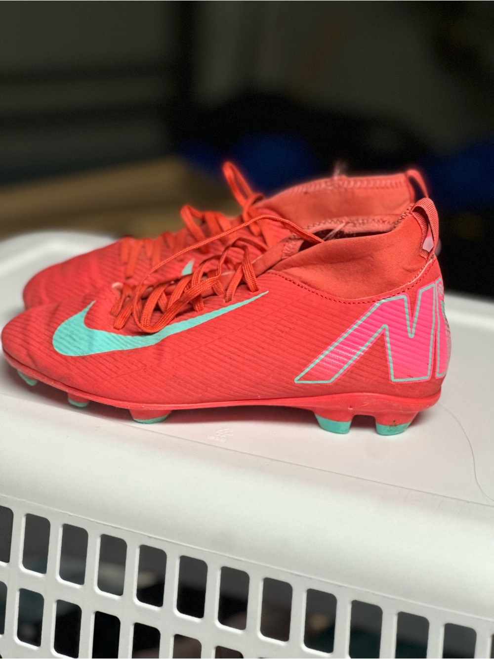 Nike Kids Red Soccer Cleats with Aqua Swoosh and Pink Accents